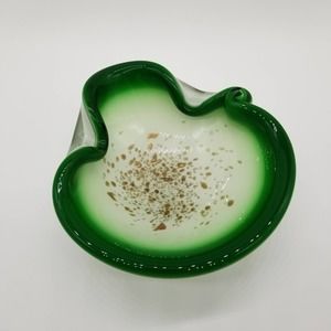 Art Glass Ash Tray Green White Gold Flecks